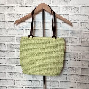 Talbots Green‎ and Brown Woven straw Tote Bag with Leather Handles 10x13